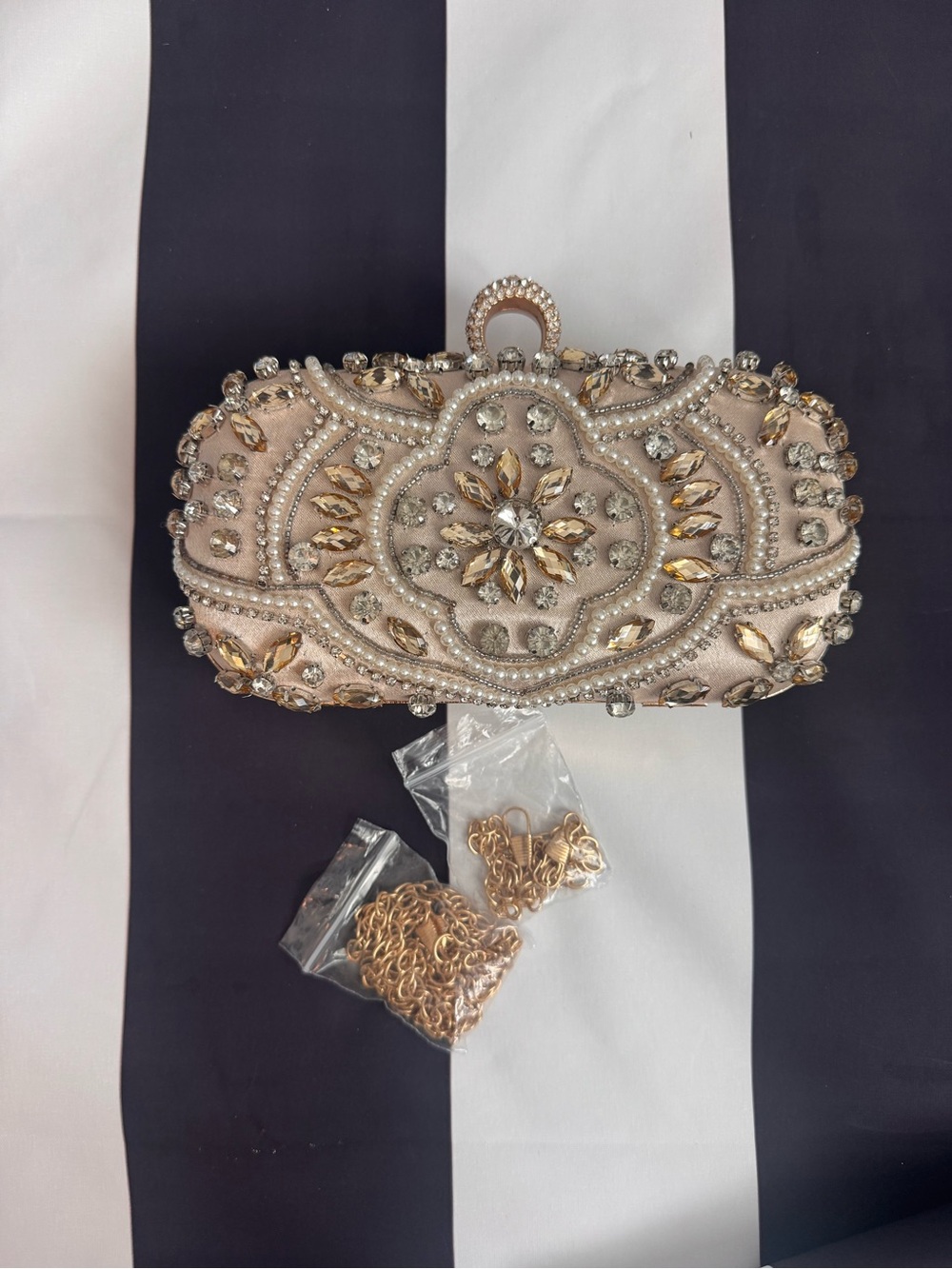 Beaded Pearl-Embellished Evening Clutch in Champagne - Picture 8 of 9